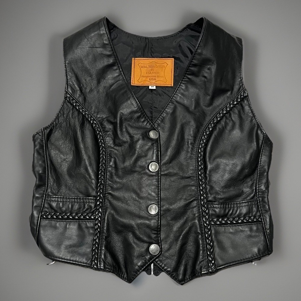 VTG Walter Dyer Womens Black 90% Silver Button Snap Leather Biker Vest M Braided